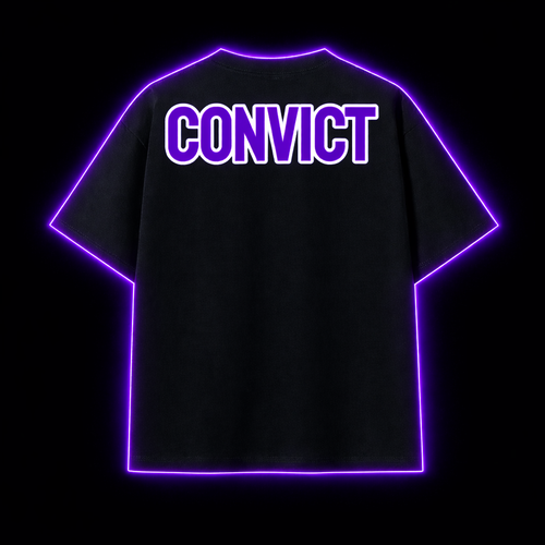 CONVICT Purple Logo Tee — front view with embroidered CONVICT chest logo, premium 305gsm heavyweight cotton